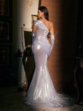 One Shoulder Metallic Maxi Dress In Silver With Gloves - View 6