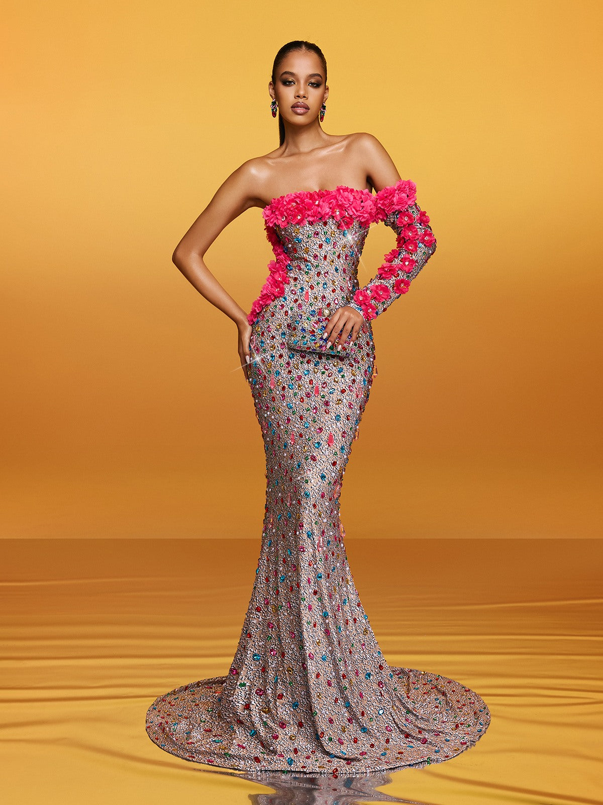 Off Shoulder Flower Crystal Maxi Dress