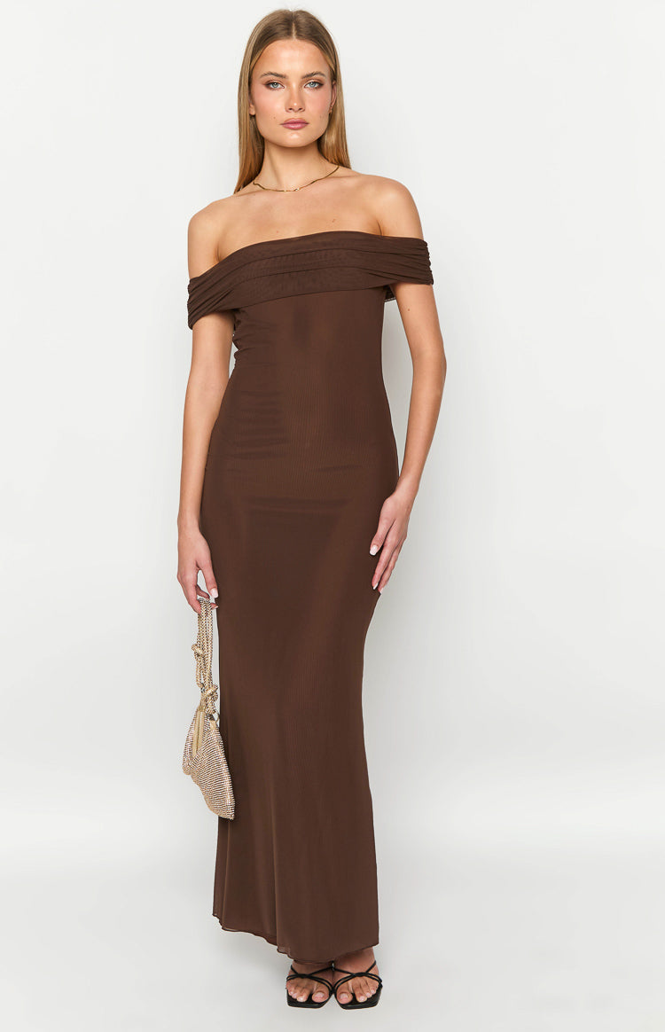 Mesh Off Shoulder Fold Over Neckline Bodycon Maxi Dress 3