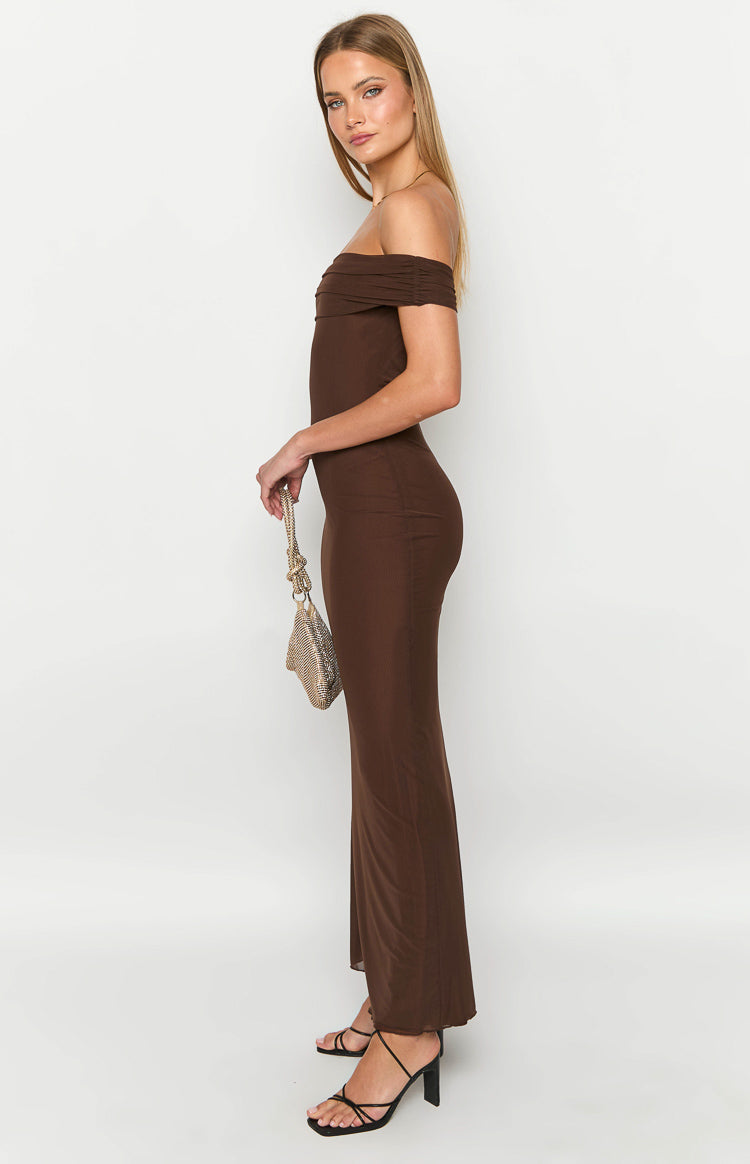 Mesh Off Shoulder Fold Over Neckline Bodycon Maxi Dress 4