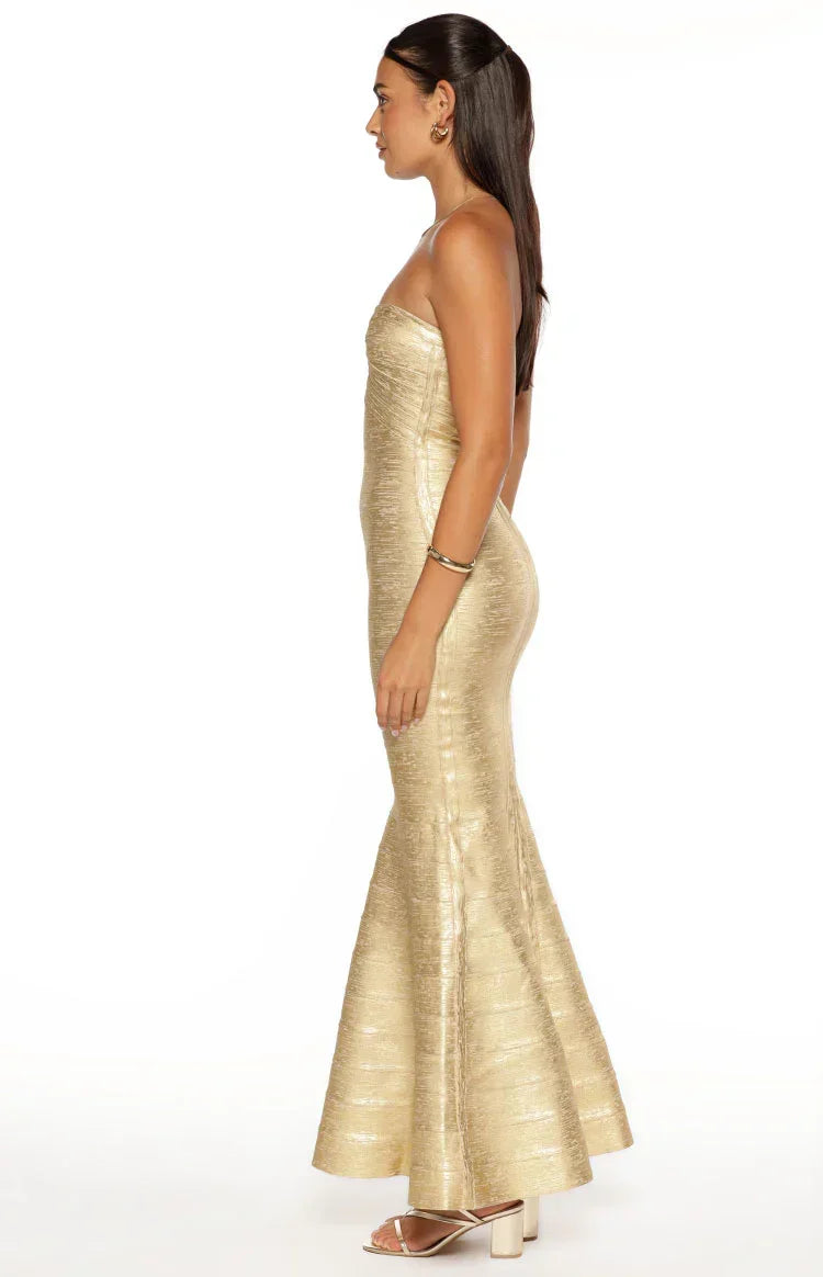 Metallic Foil Bandage Strapless Sweetheart Mermaid Maxi Gown 8