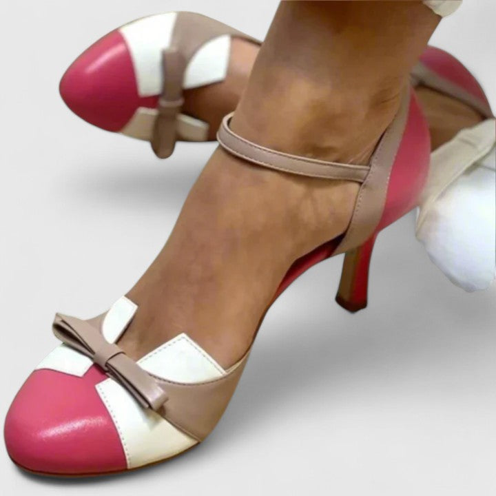 Round Toe T-Strap Bow Stiletto Heel Pumps