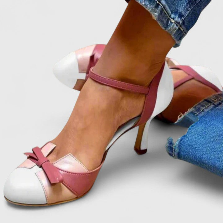 Round Toe T-Strap Bow Stiletto Heel Pumps