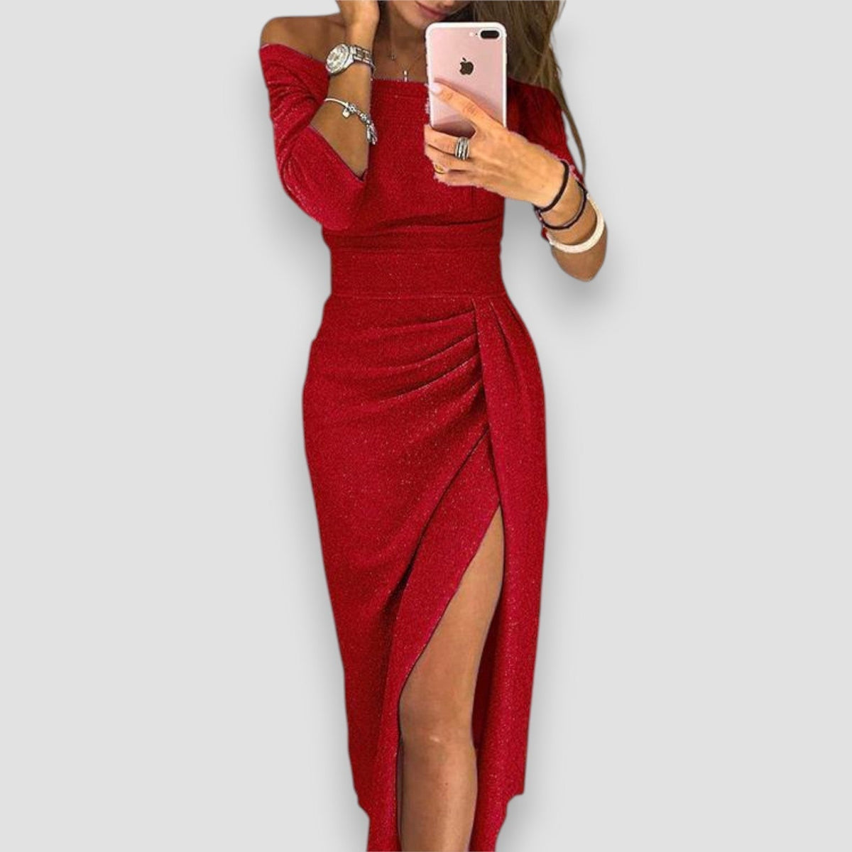 Glitter Off Shoulder Ruched High Split Maxi Gown
