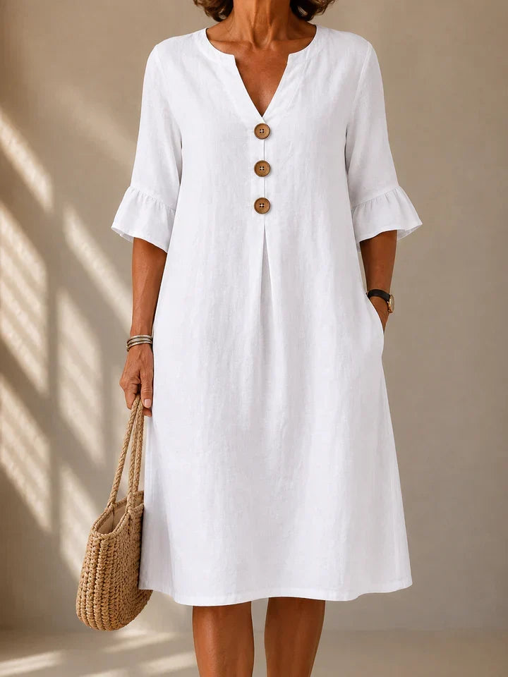 Notch Neck Wooden Button Flutter Sleeve Linen Look Midi Dress