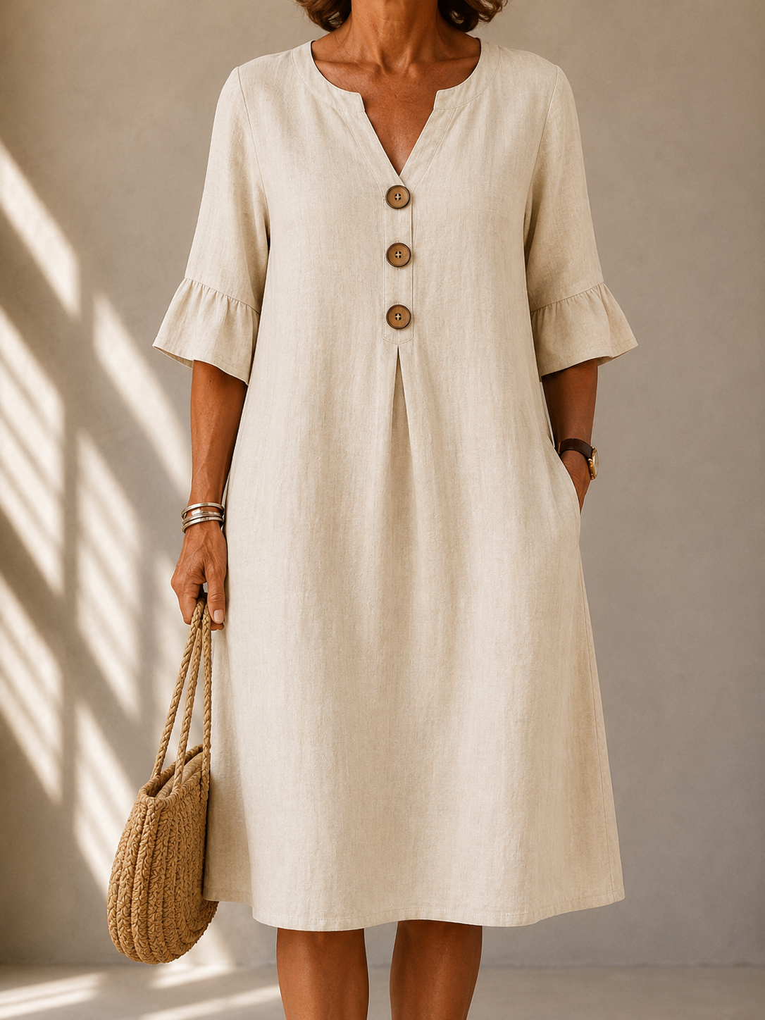 Notch Neck Wooden Button Flutter Sleeve Linen Look Midi Dress