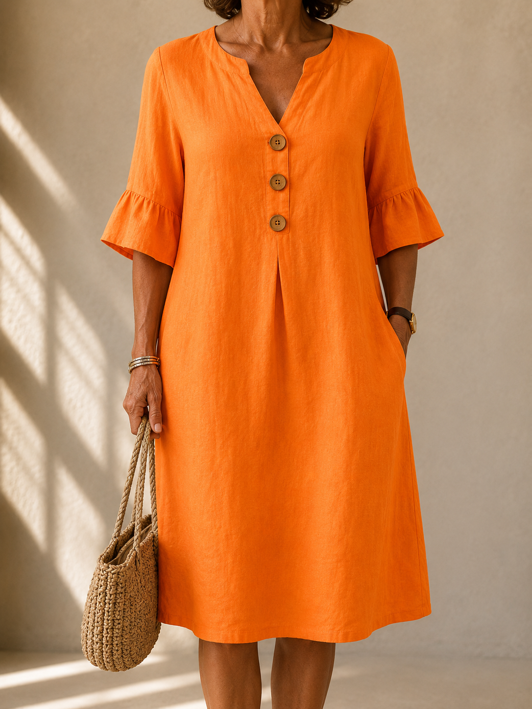 V-Neck Button Front Flutter Sleeve Midi Dress