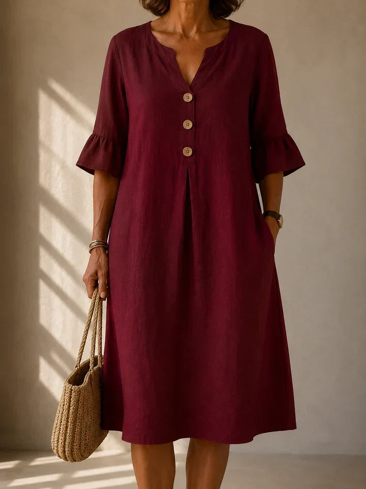 Notch Neck Wooden Button Flutter Sleeve Linen Look Midi Dress