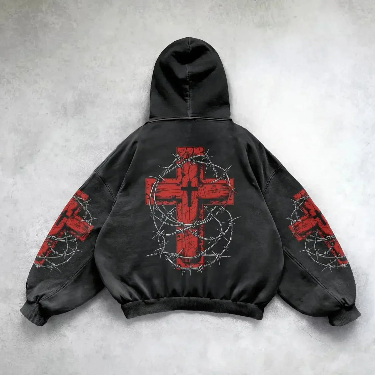 Barbed Wire Cross Graphic Print Washed Oversized Hoodie