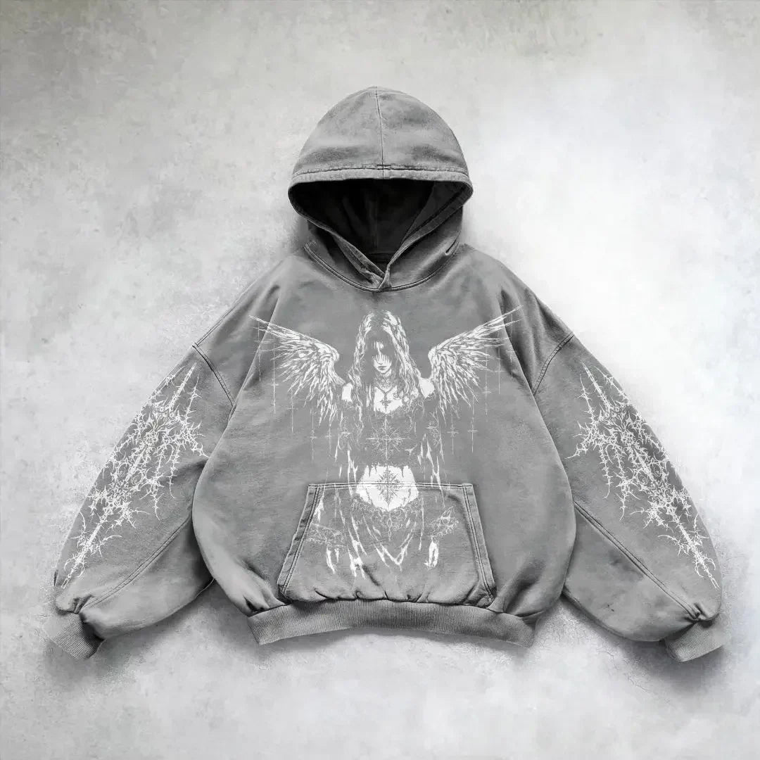Barbed Wire Cross Graphic Print Washed Oversized Hoodie 8