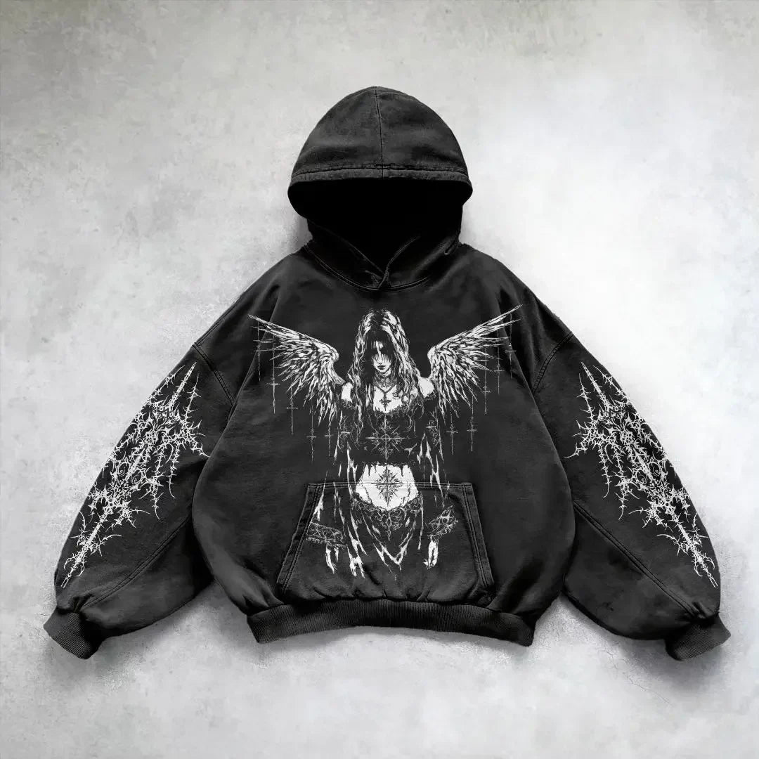Barbed Wire Cross Graphic Print Washed Oversized Hoodie 7