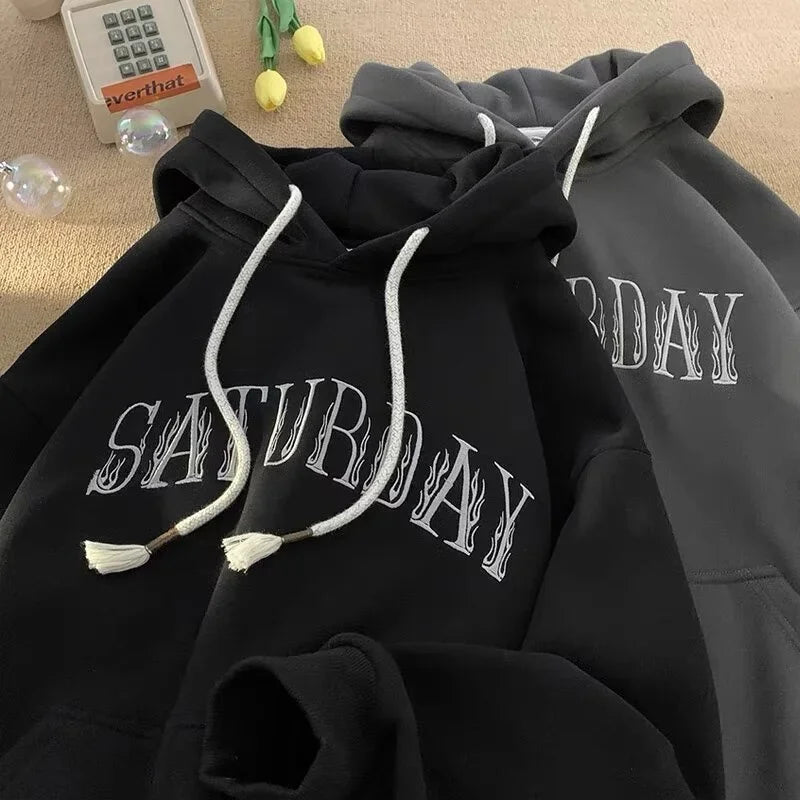 Flame Letter Print Rope Drawstring Fleece Pullover Hoodie 4