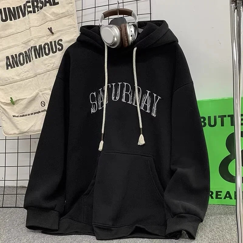 Flame Letter Print Rope Drawstring Fleece Pullover Hoodie 5