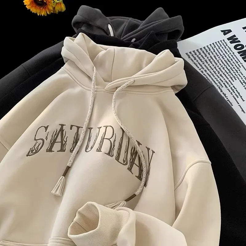 Flame Letter Print Rope Drawstring Fleece Pullover Hoodie 2