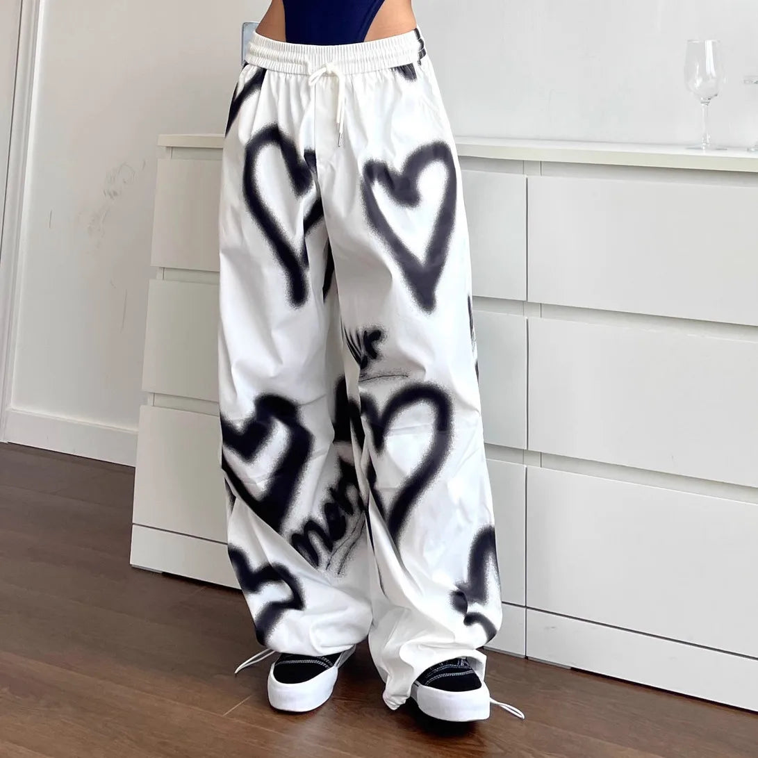Graffiti Heart Print Drawstring Waist Baggy Wide Leg Pants
