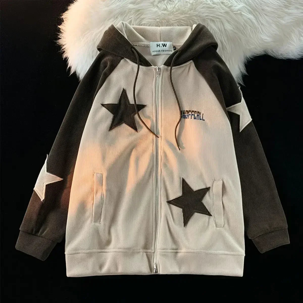 Star Patch Contrast Raglan Sleeve Ribbed Zip Front Hoodie 2