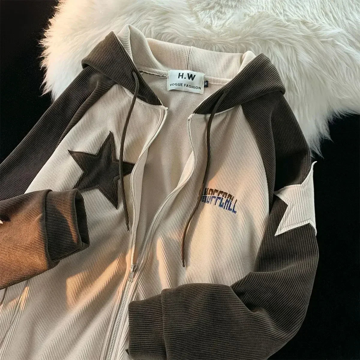 Star Patch Contrast Raglan Sleeve Ribbed Zip Front Hoodie