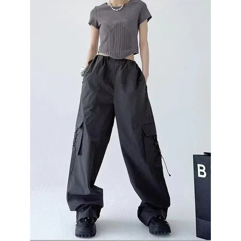 Toggle Drawstring Waist Lace Up Pocket Wide Leg Cargo Pants 6