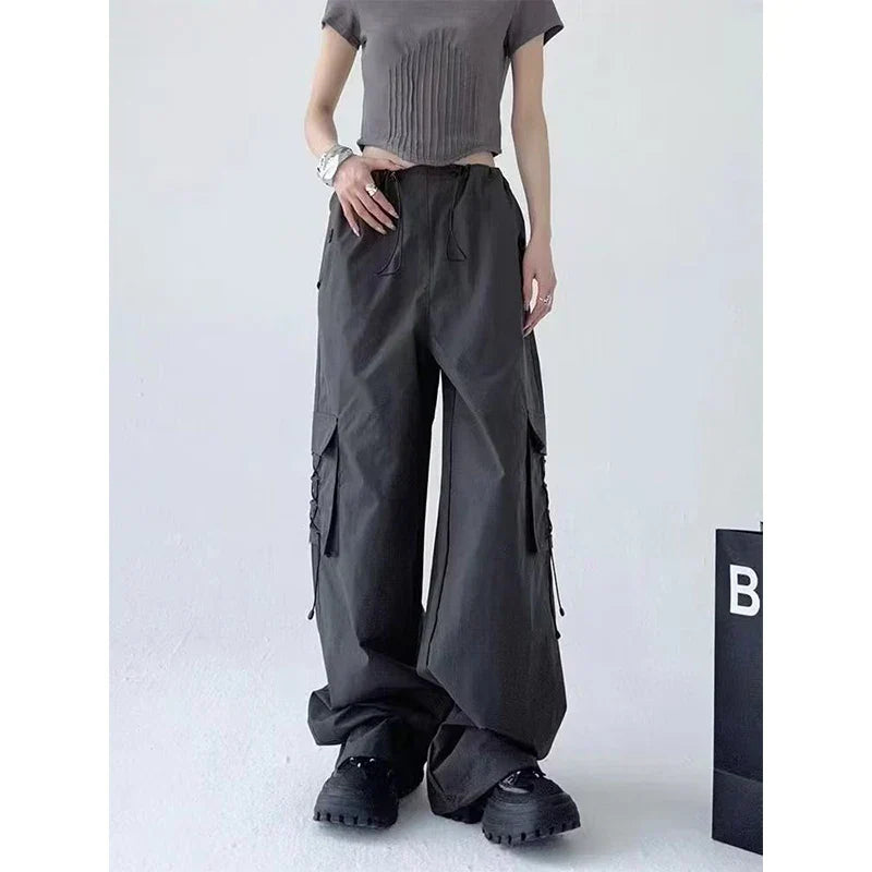 Toggle Drawstring Waist Lace Up Pocket Wide Leg Cargo Pants 5