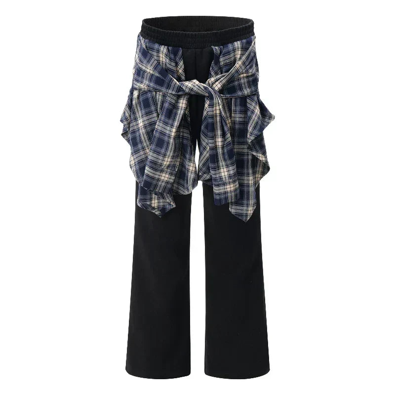Plaid Patchwork High Waist Pants Black / S