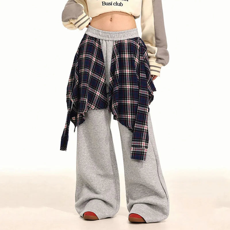 Plaid Tied Shirt Overlay Elastic Waist Wide Leg Sweatpants
