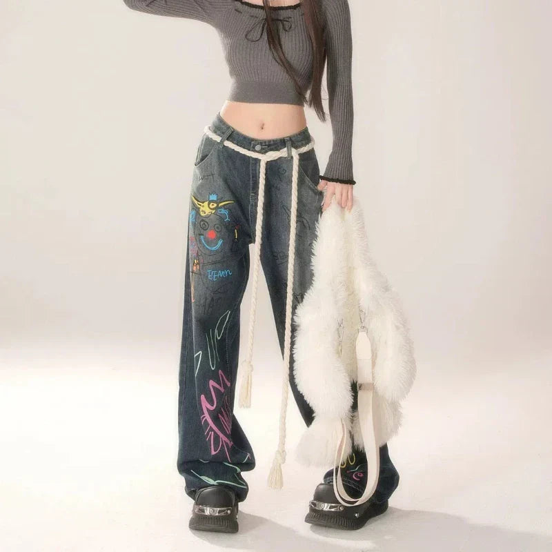 High-Waist Vintage Washed Wide-Leg Denim Jeans