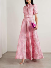 Floral Collared Short Sleeve Belted Maxi Dress
