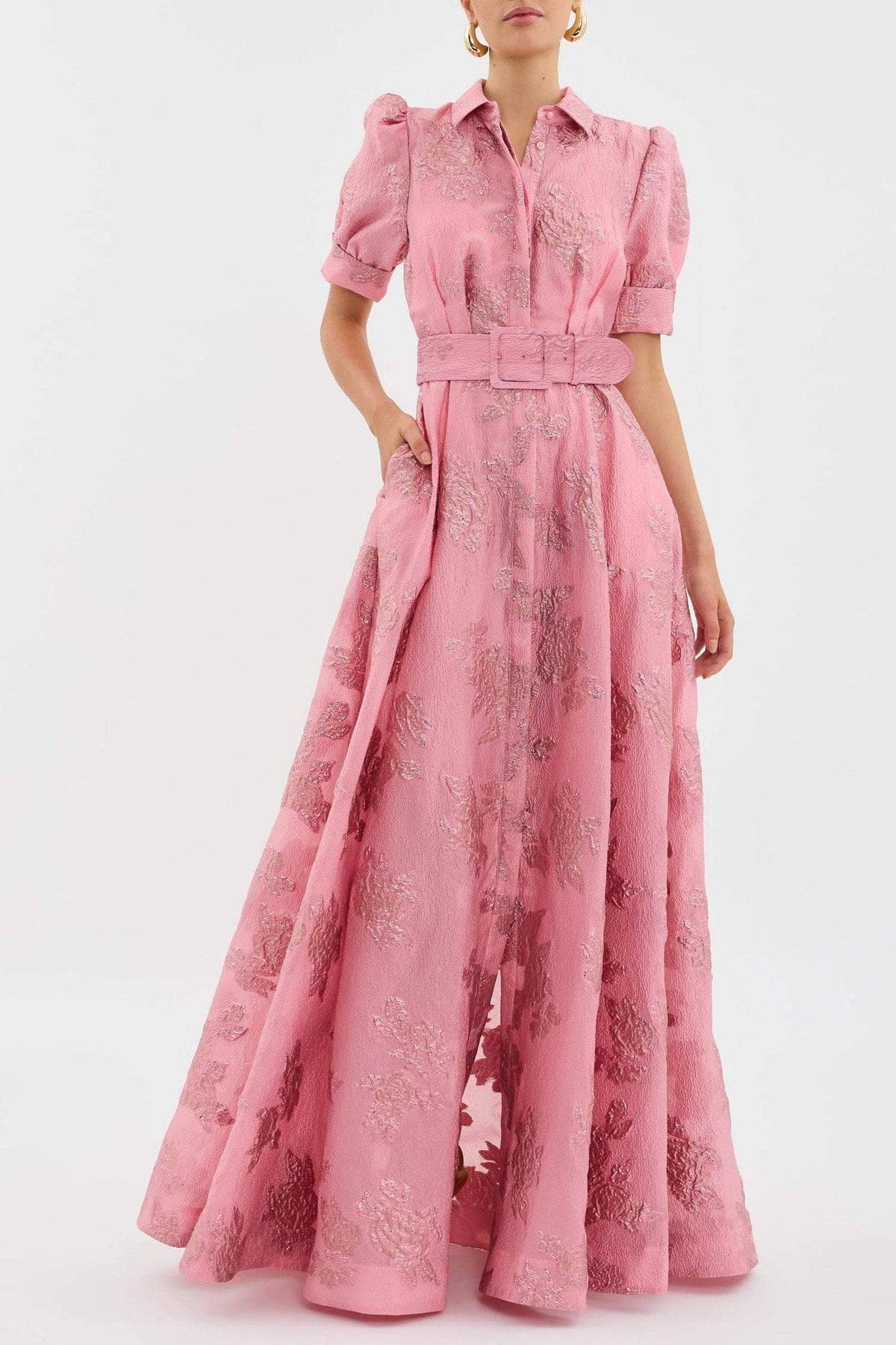 Floral Collared Short Sleeve Belted Maxi Dress 2