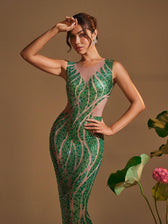 Round Neck Printed Rhinestone Maxi Dress - View 3