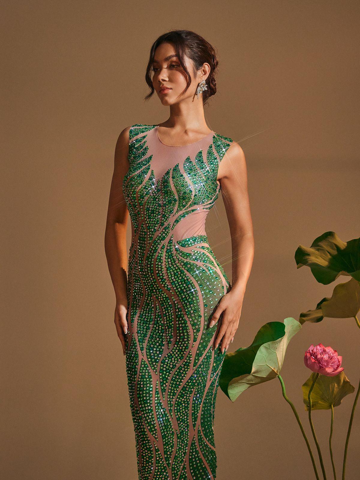 Round Neck Printed Rhinestone Maxi Dress - View 4