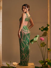 Round Neck Printed Rhinestone Maxi Dress - View 6