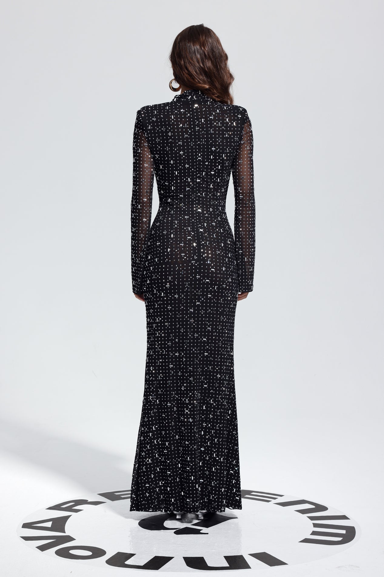 Rhinestone Mesh High Neck Bell Sleeve Bodycon Mermaid Maxi Dress