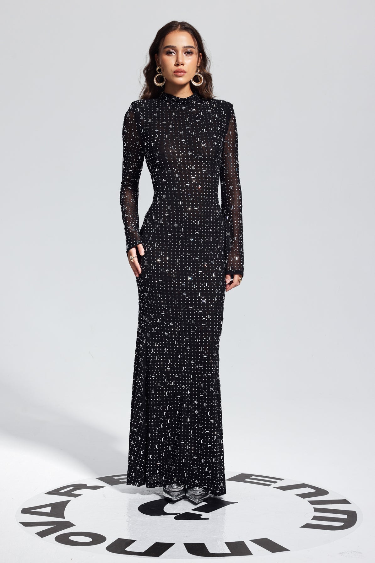 Rhinestone Mesh High Neck Bell Sleeve Bodycon Mermaid Maxi Dress