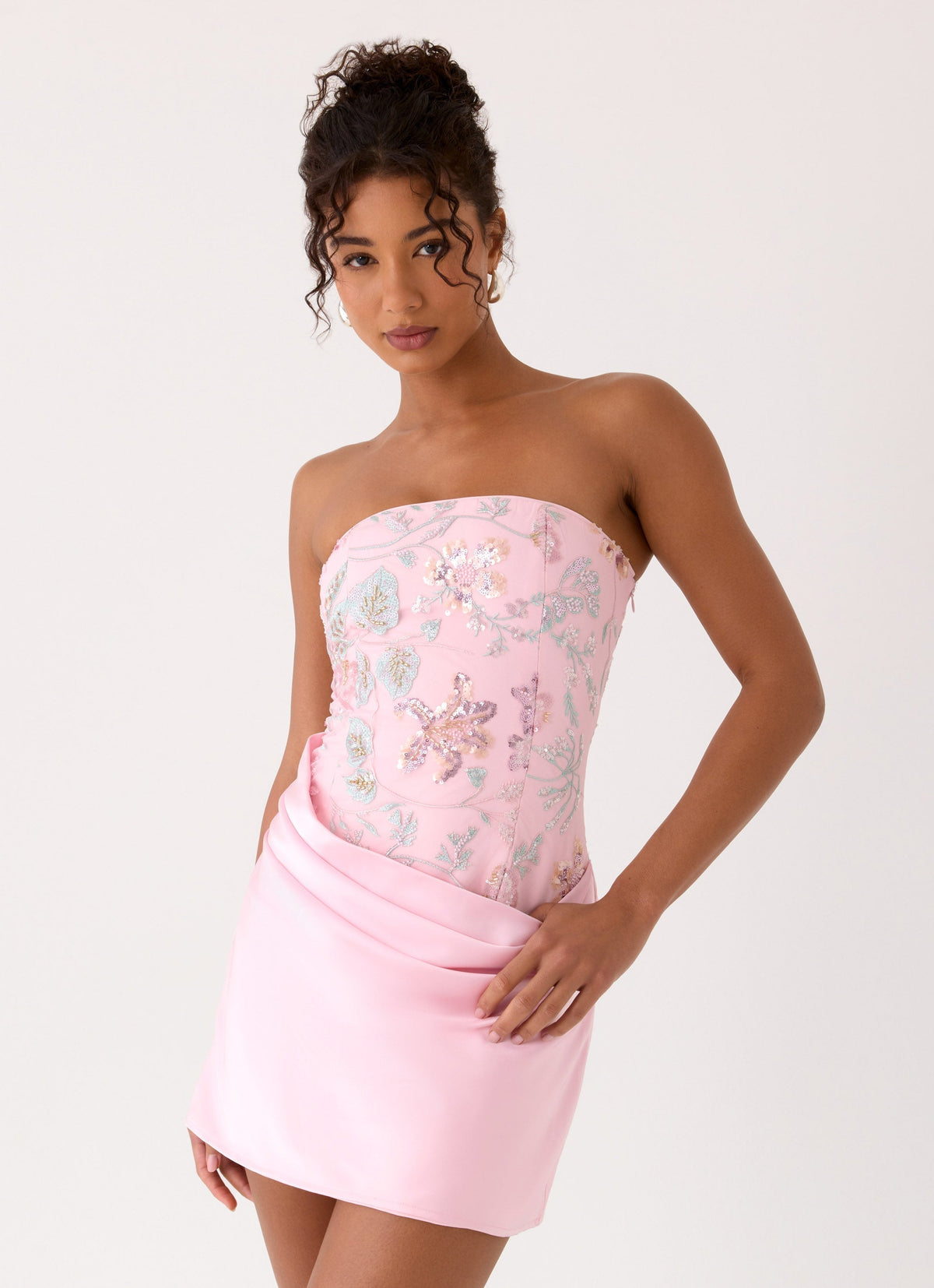 Strapless Floral Embroidered Beaded Corset Bodice Mini Dress 8