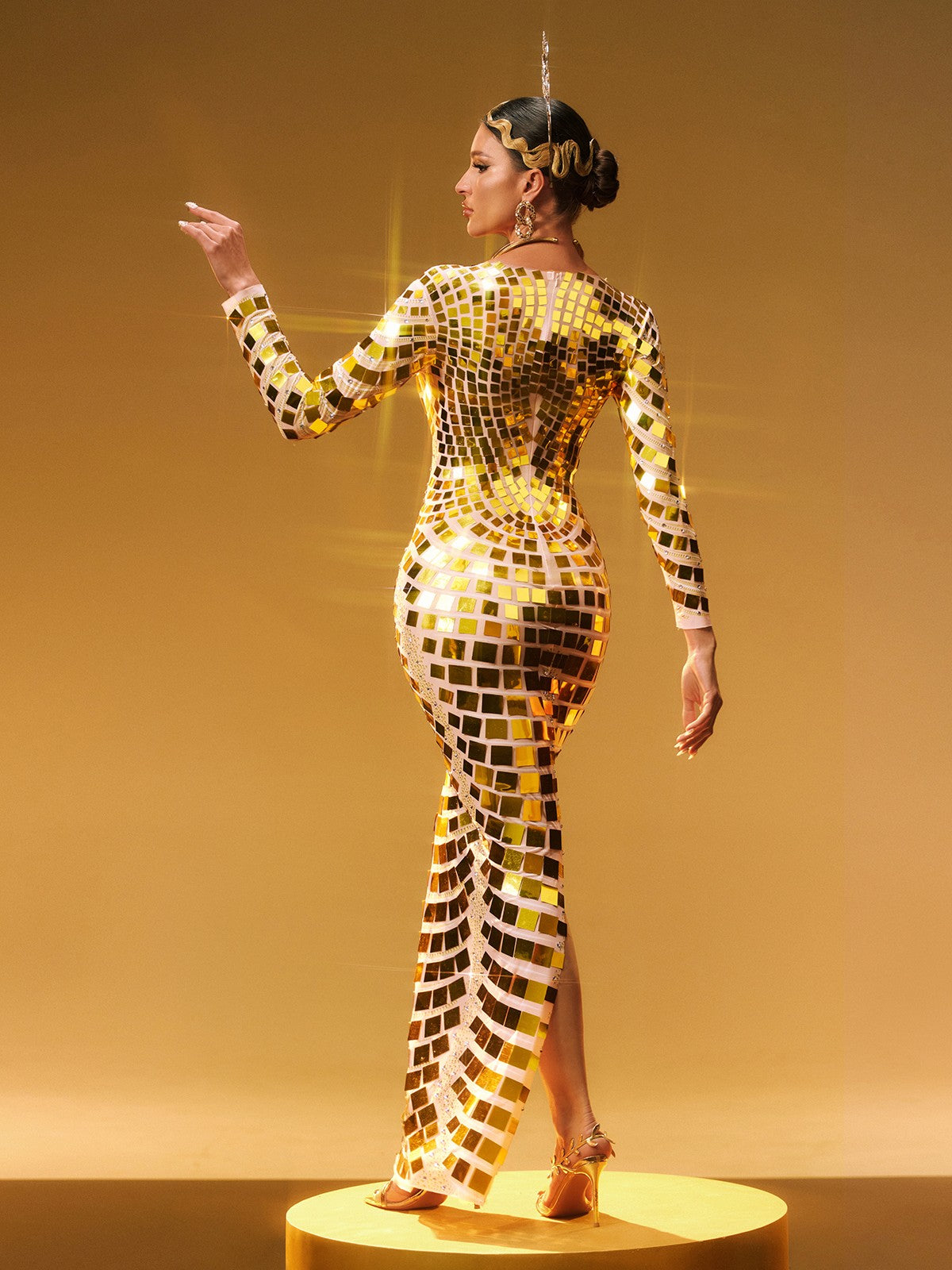 Long Sleeve Curve Embellished Maxi Dress In Gold - View 6