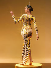 Long Sleeve Curve Embellished Maxi Dress In Gold - View 6