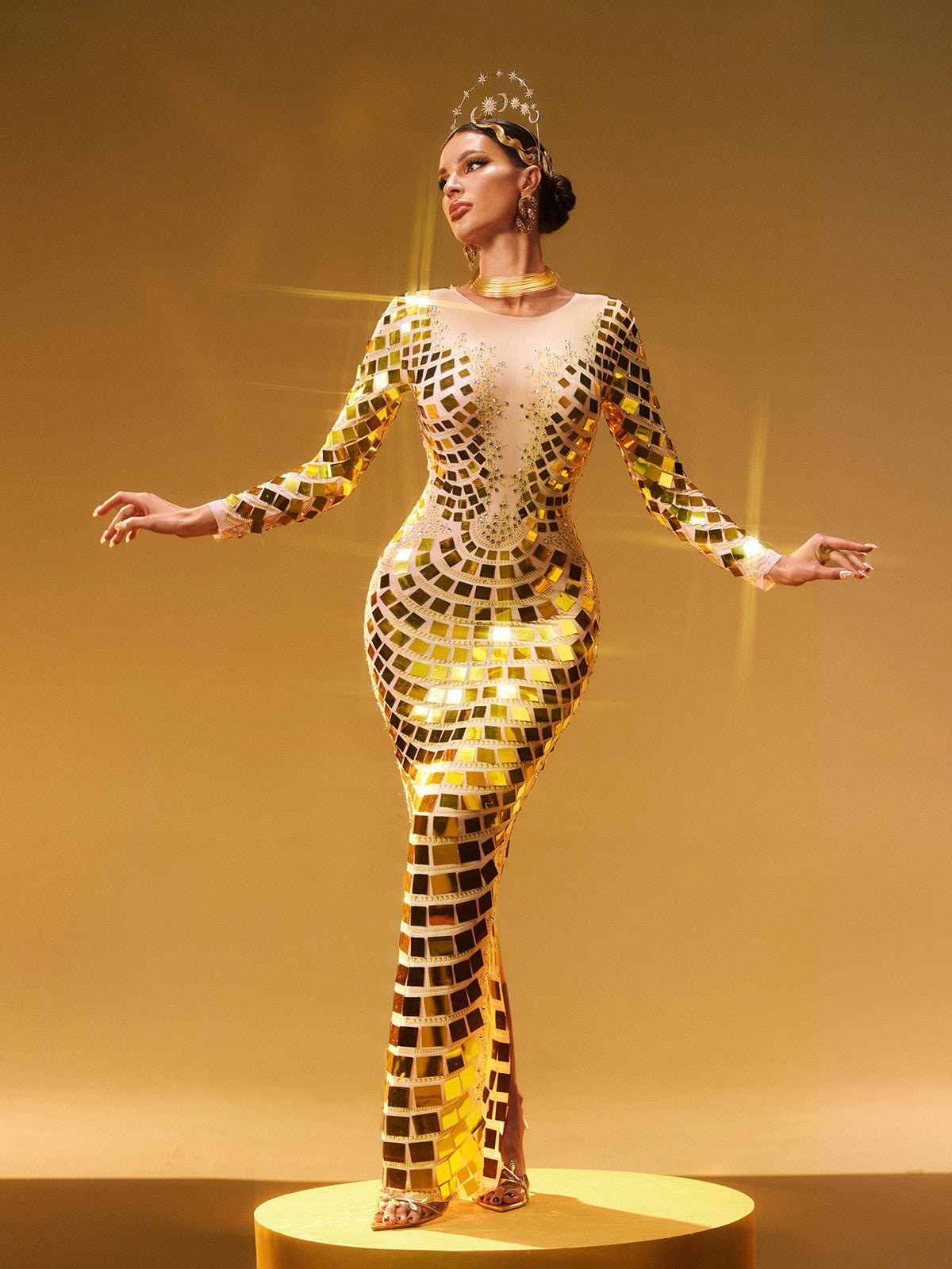 Long Sleeve Curve Embellished Maxi Dress In Gold