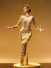 Long Sleeve Curve Embellished Maxi Dress In Gold