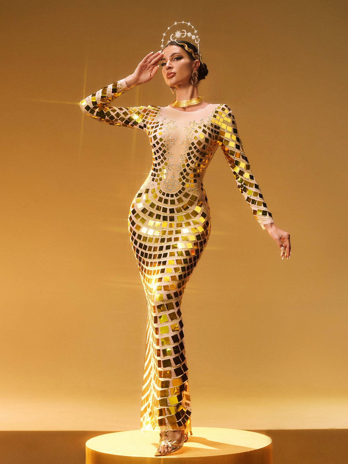 Long Sleeve Curve Embellished Maxi Dress In Gold - View 4