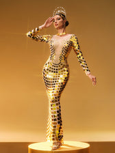 Long Sleeve Curve Embellished Maxi Dress In Gold - View 4