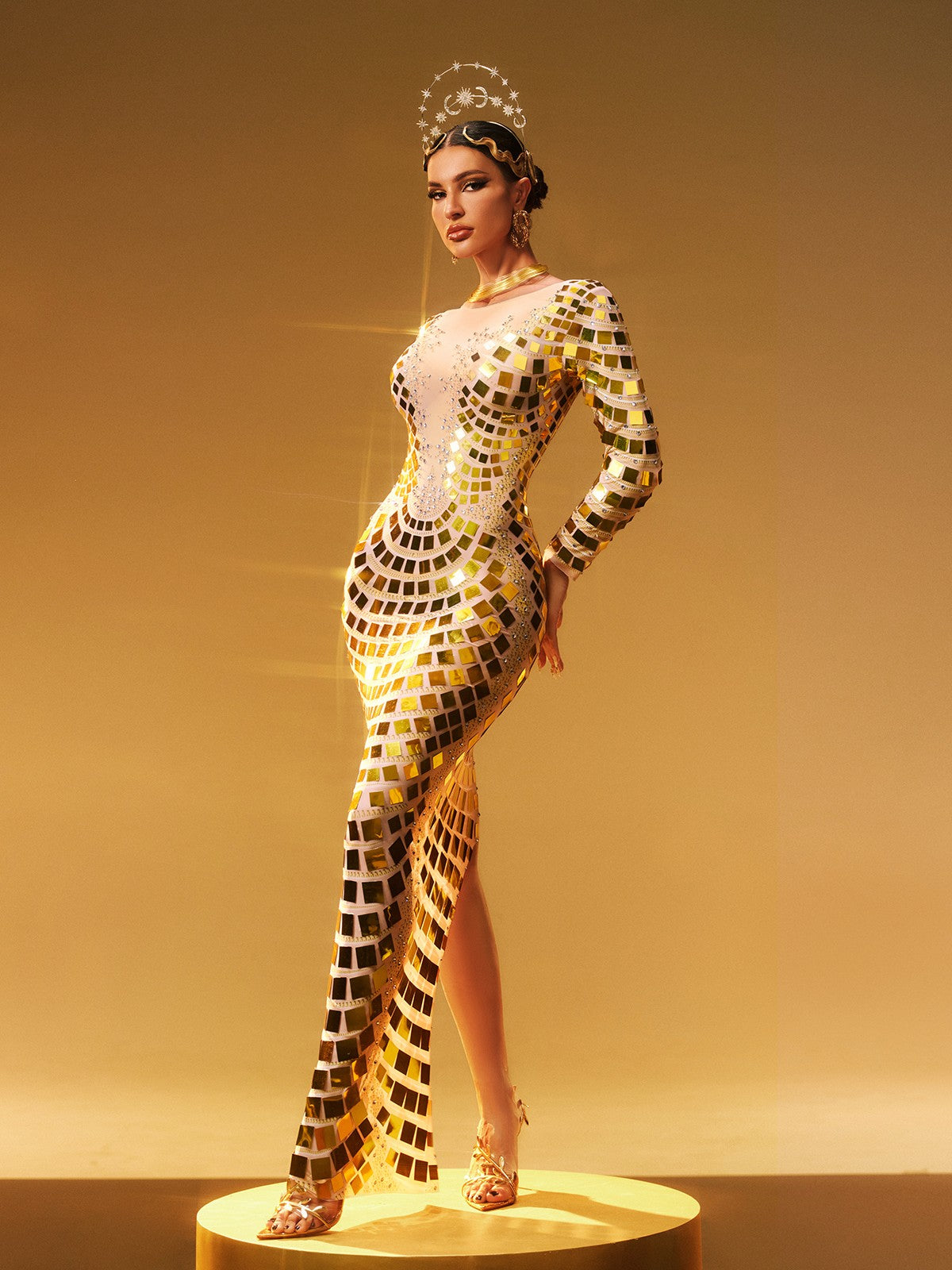 Long Sleeve Curve Embellished Maxi Dress In Gold - View 5