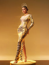 Long Sleeve Curve Embellished Maxi Dress In Gold - View 5