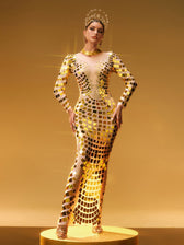 Long Sleeve Curve Embellished Maxi Dress In Gold - View 3