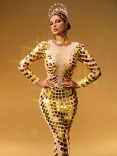 Long Sleeve Curve Embellished Maxi Dress In Gold - View 2