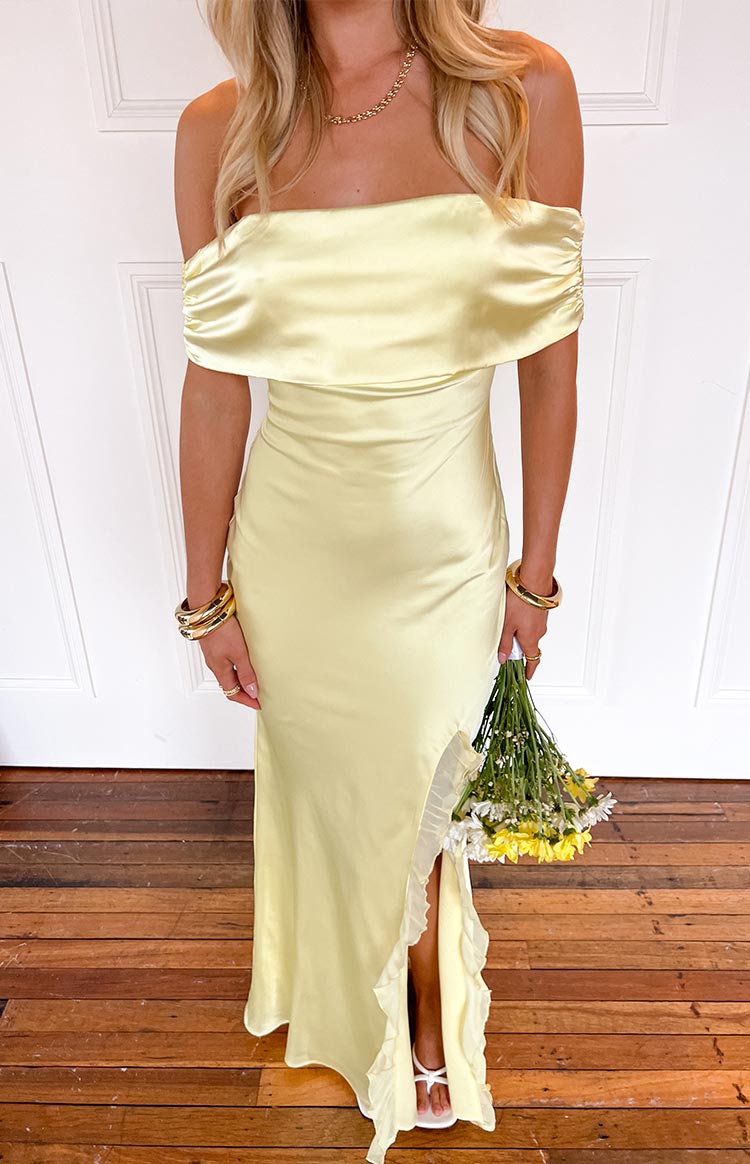 Satin Off Shoulder Ruffle High Split Maxi Dress 2