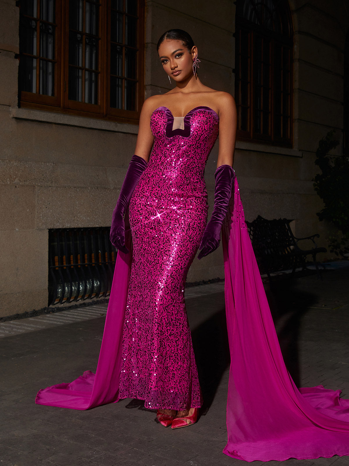 Strapless Notch Neck Sequin Lace Chiffon Drape Mermaid Gown