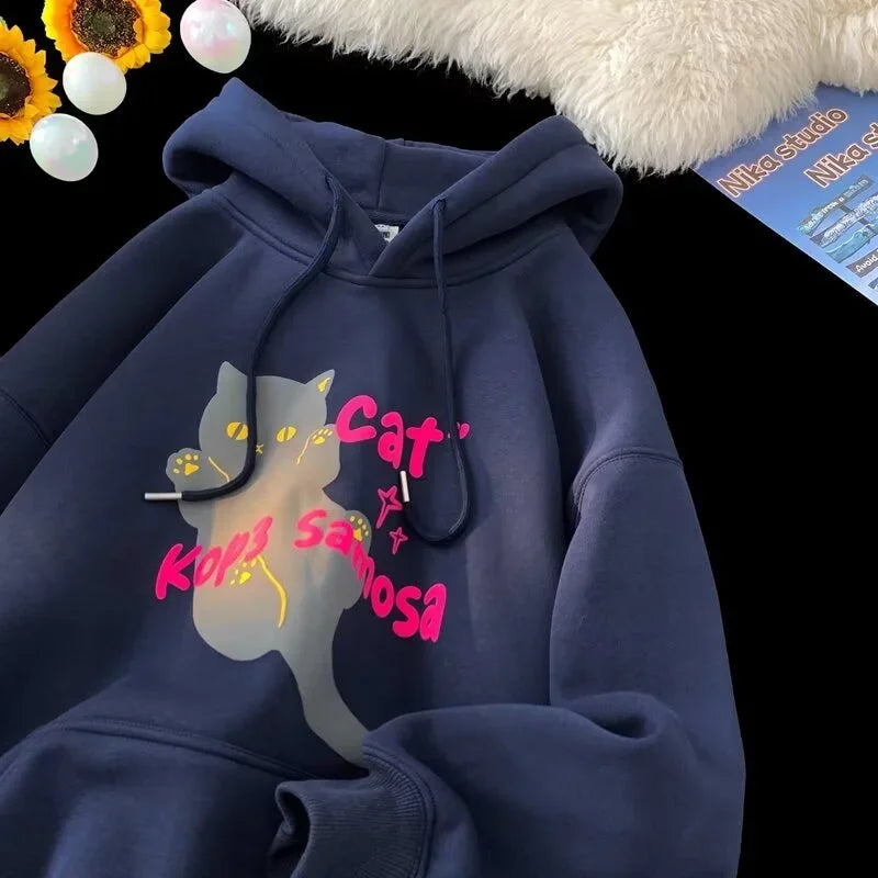 Cartoon Cat Graphic Letter Print Drawstring Fleece Hoodie 6