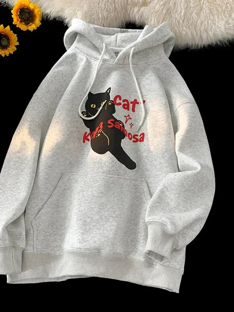 Cartoon Cat Graphic Letter Print Drawstring Fleece Hoodie 8