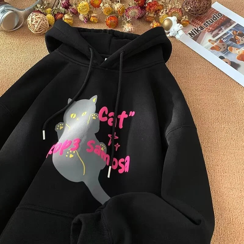 Cartoon Cat Graphic Letter Print Drawstring Fleece Hoodie 5