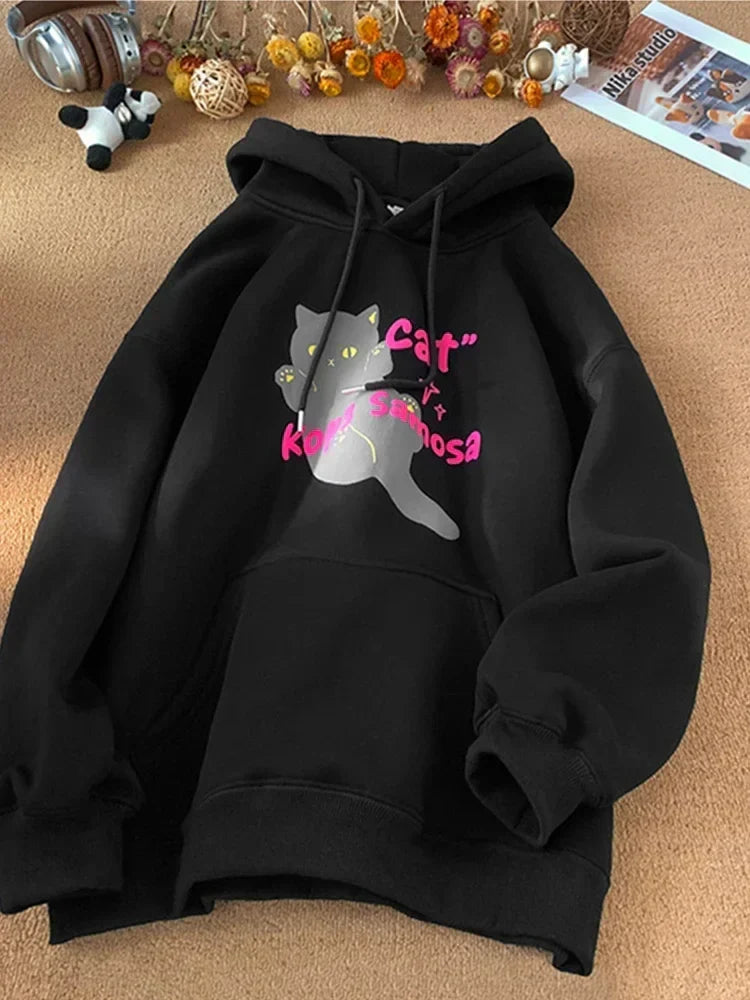 Cartoon Cat Graphic Letter Print Drawstring Fleece Hoodie 7